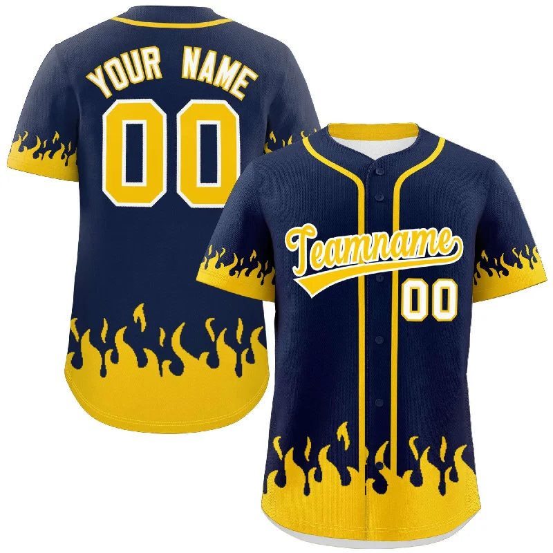 Baseball Jerseys with Anti-Odor Technology for Comfort-Custom Navy Gold Personalized Flame Graffiti Pattern Authentic Baseball Jersey