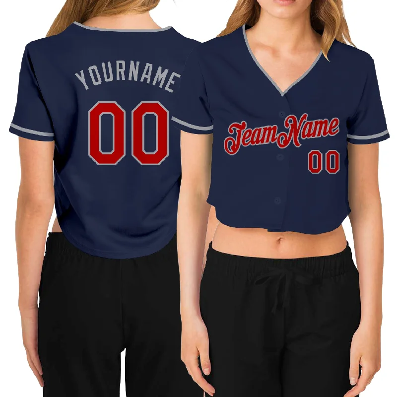 Baseball Jerseys with Moisture-Wicking Technology-Custom Women's Navy Red-Gray V-Neck Cropped Baseball Jersey