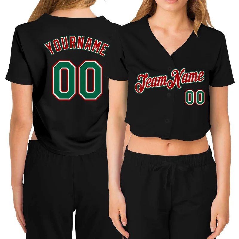 Baseball Jerseys with Elastic Cuffs for Snug Fit-Custom Women's Black Kelly Green Red-White V-Neck Cropped Baseball Jersey