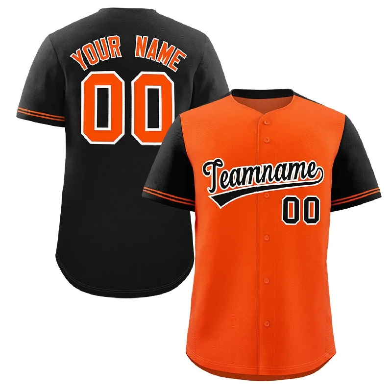 Baseball Jerseys with Sublimated Design for Unique Patterns-Custom Orange Black Color Block Personalized Raglan Sleeves Authentic Baseball Jersey