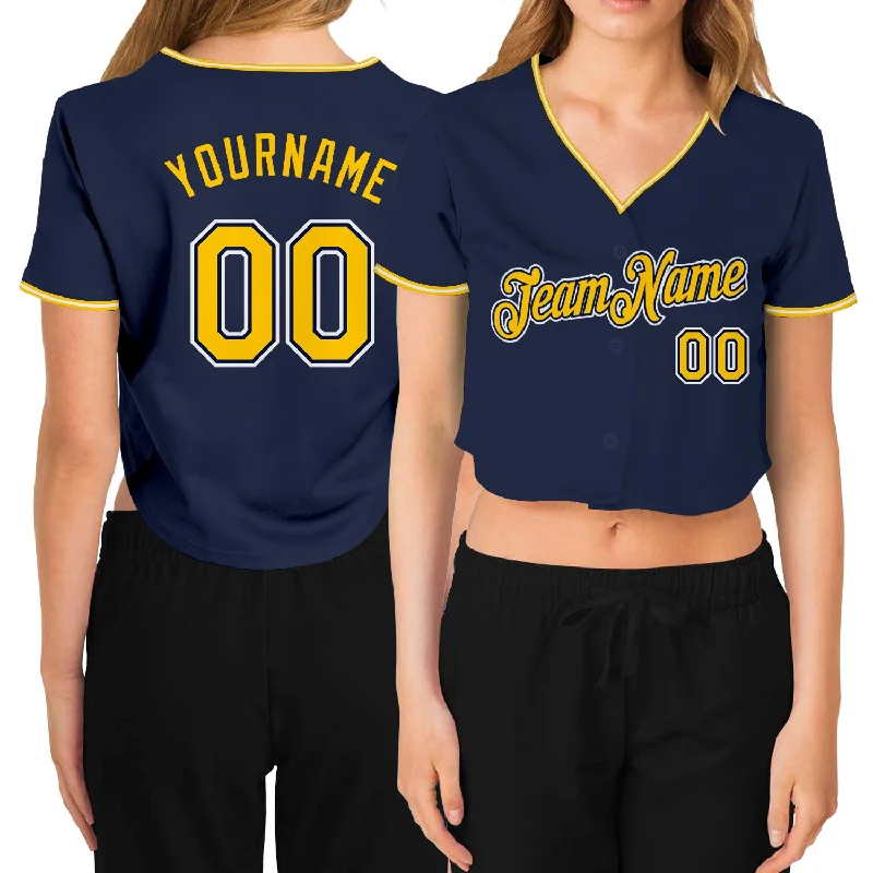 Baseball Jerseys with Customized Player Numbers for Personalization-Custom Women's Navy Gold-White V-Neck Cropped Baseball Jersey