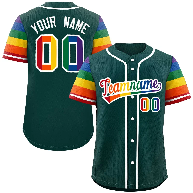 Baseball Jerseys with Soft Collar for Comfort-Custom Midnight Green LGBT Rainbow For Pride Month Raglan Sleeves Authentic Baseball Jersey