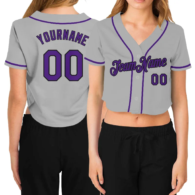 Baseball Jerseys with Lightweight Mesh Fabric for Breathability-Custom Women's Gray Purple-Black V-Neck Cropped Baseball Jersey