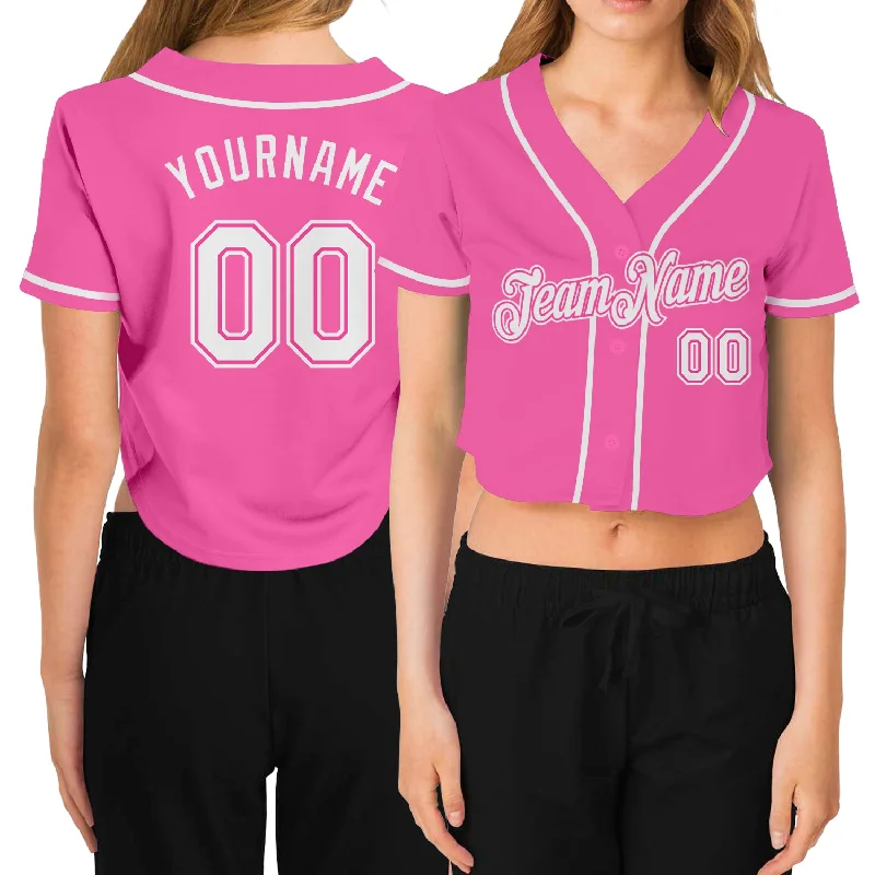 Baseball Jerseys with Lightweight Polyester Fabric for Breathability-Custom Women's Pink White V-Neck Cropped Baseball Jersey