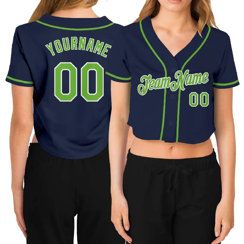 Baseball Jerseys with Stretch-Fit Design for Flexible Play-Custom Women's Navy Neon Green-White V-Neck Cropped Baseball Jersey