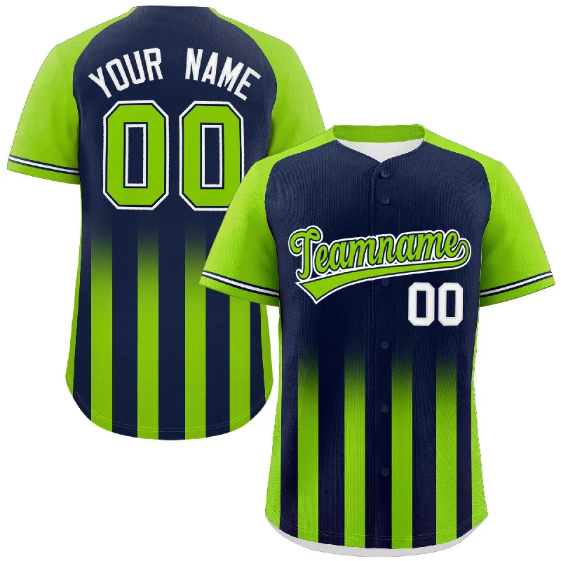 Baseball Jerseys with Reflective Details for Visibility-Custom Navy Neon Green Raglan Sleeves Gradient Thick Stripe Authentic Baseball Jersey