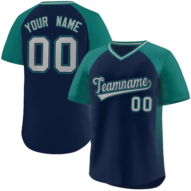 Baseball Jerseys with Reflective Details for Visibility-Custom Navy Aqua Raglan Sleeves Side Spot Authentic Pullover Baseball Jersey