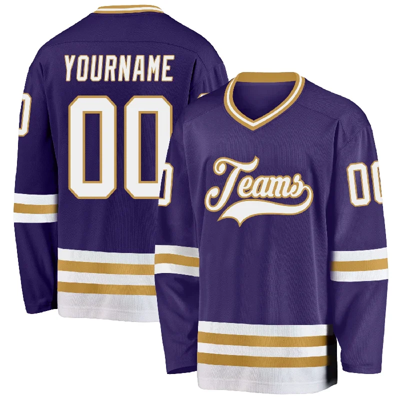 Premium Quality Hockey Jerseys for Adults-Custom Purple White-Old Gold Hockey Jersey