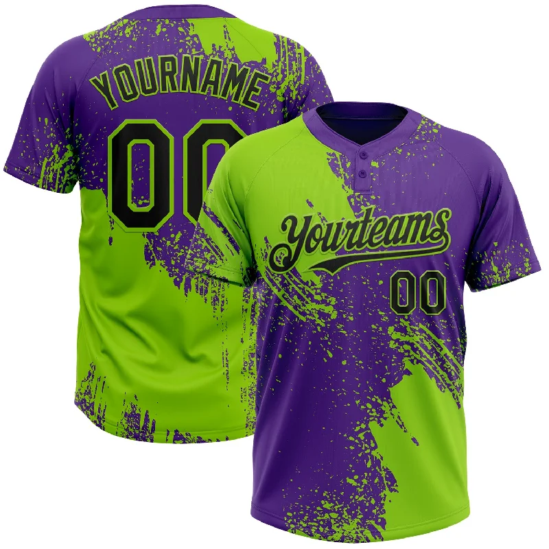 Softball Jerseys with Graphic Inserts for Trendy Look-Custom Neon Green Black-Purple 3D Pattern Abstract Brush Stroke Two-Button Unisex Softball Jersey