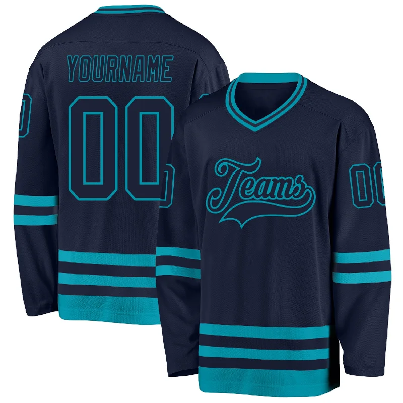 Long-Sleeve Hockey Jerseys for Extra Warmth-Custom Navy Teal Hockey Jersey