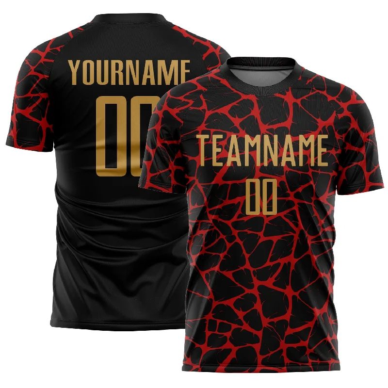 Soccer Jerseys with Anti-Odor Technology for Comfort-Custom Black Old Gold-Red Abstract Network Splash Sublimation Soccer Uniform Jersey