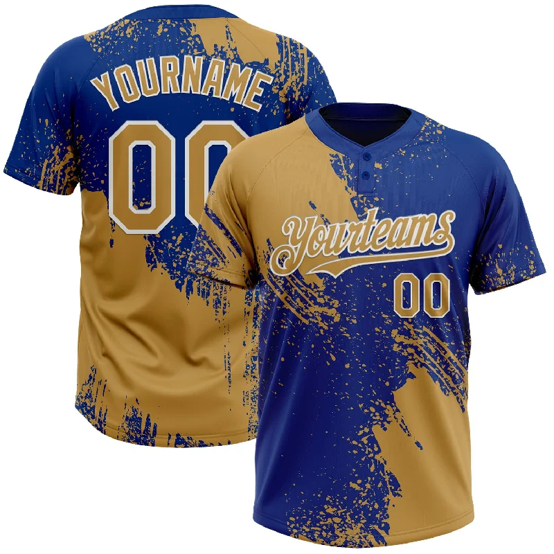 Full Sleeve Softball Jerseys for Protection from Sun-Custom Old Gold Royal-White 3D Pattern Abstract Brush Stroke Two-Button Unisex Softball Jersey