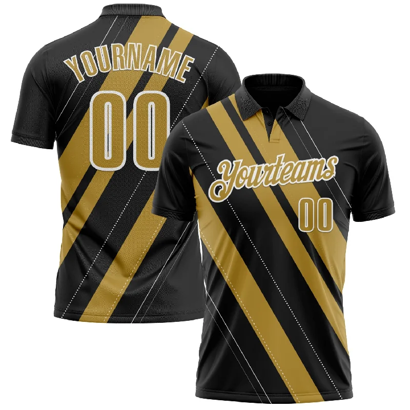 Athletic Fit Golf Polo Shirts for Men and Women-Custom Black Old Gold-White 3D Bowling Line Shape Performance Polo Shirt