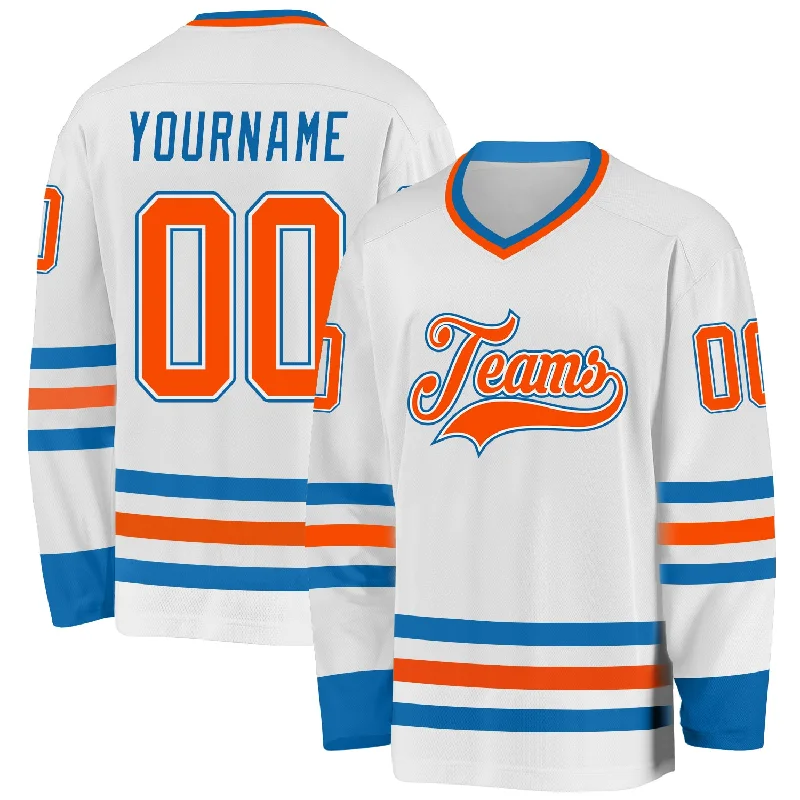 Durable Ice Hockey Jerseys for Extended Play-Custom White Orange-Blue Hockey Jersey