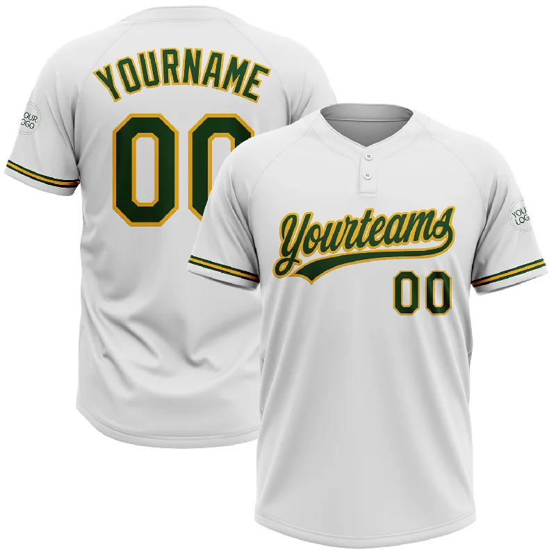 Softball Jerseys with Team Branding for Group Identity-Custom White Green-Gold Two-Button Unisex Softball Jersey