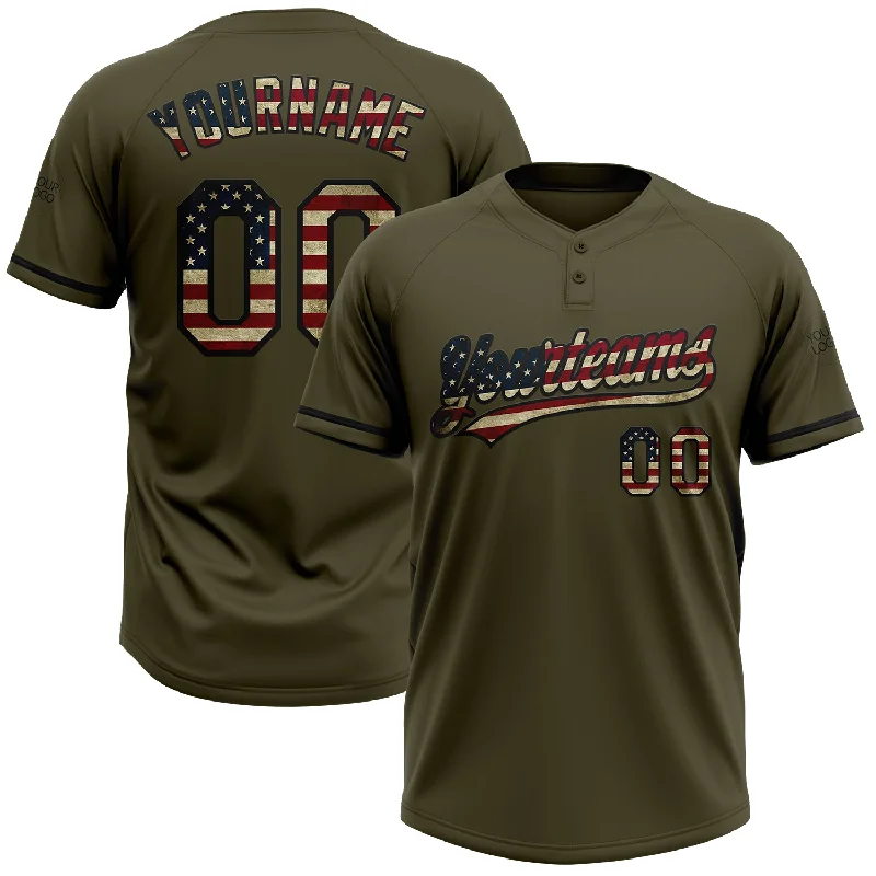 Softball Jerseys with UV Protection for Sun Safety-Custom Olive Vintage USA Flag-Black Salute To Service Two-Button Unisex Softball Jersey