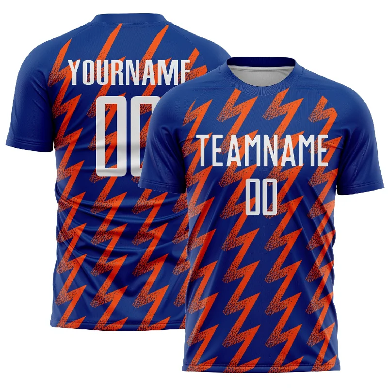 Soccer Jerseys with Tapered Sleeves for Stylish Fit-Custom Royal White-Orange Zigzag Shape Sublimation Soccer Uniform Jersey