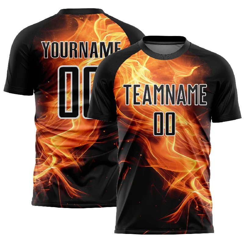 Soccer Jerseys with Tapered Sleeves for Stylish Fit-Custom Black Gold-White Flame Sublimation Soccer Uniform Jersey