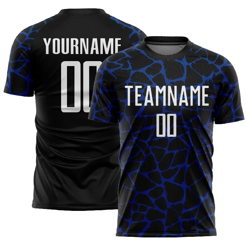 Soccer Jerseys with V-Neck Design for Classic Fit-Custom Black White-Royal Abstract Network Splash Sublimation Soccer Uniform Jersey