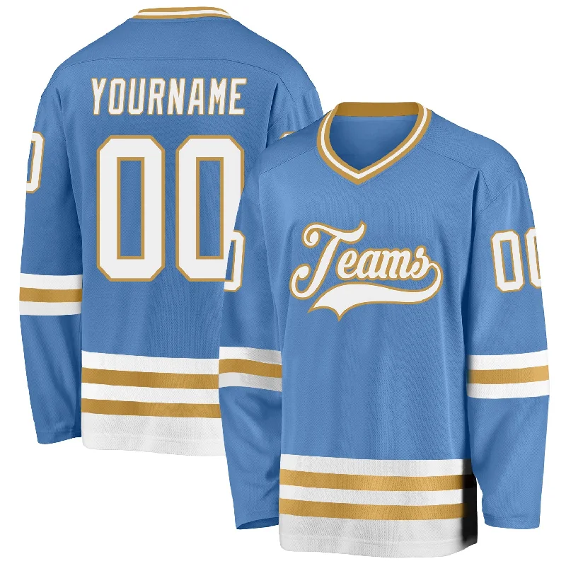 Affordable Hockey Jerseys for Recreational Players-Custom Light Blue White-Old Gold Hockey Jersey