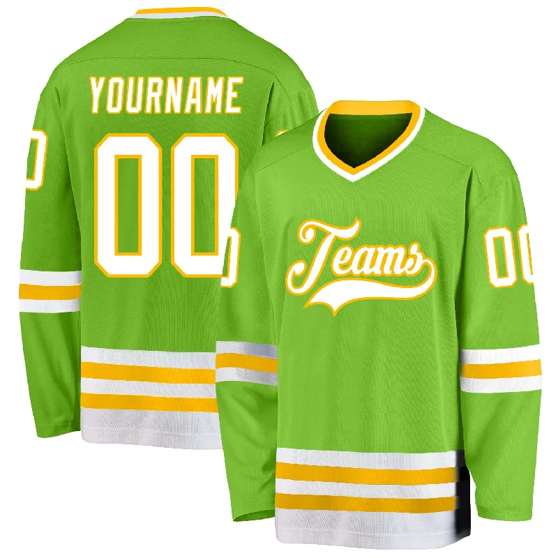 Women's Hockey Jerseys for Female Players-Custom Neon Green White-Gold Hockey Jersey