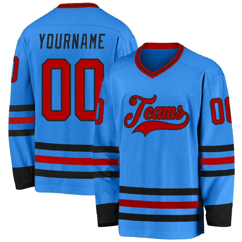 Mesh Lined Hockey Jerseys for Breathability-Custom Powder Blue Red-Black Hockey Jersey