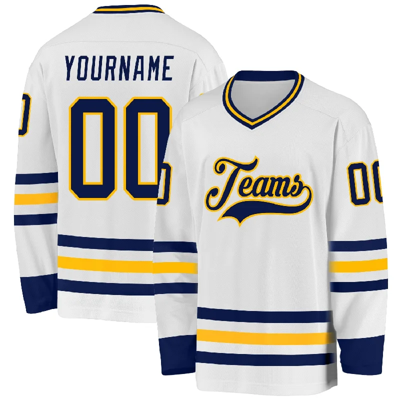 Lightweight Ice Hockey Jerseys for Speed-Custom White Navy-Gold Hockey Jersey