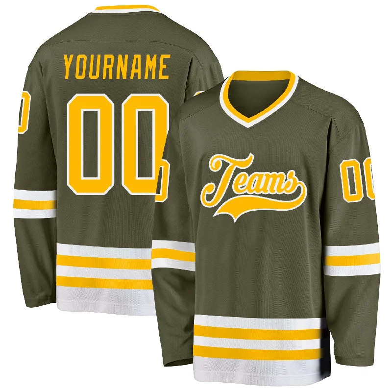 Classic Ice Hockey Jerseys with Stripe Details-Custom Olive Gold-White Salute To Service Hockey Jersey