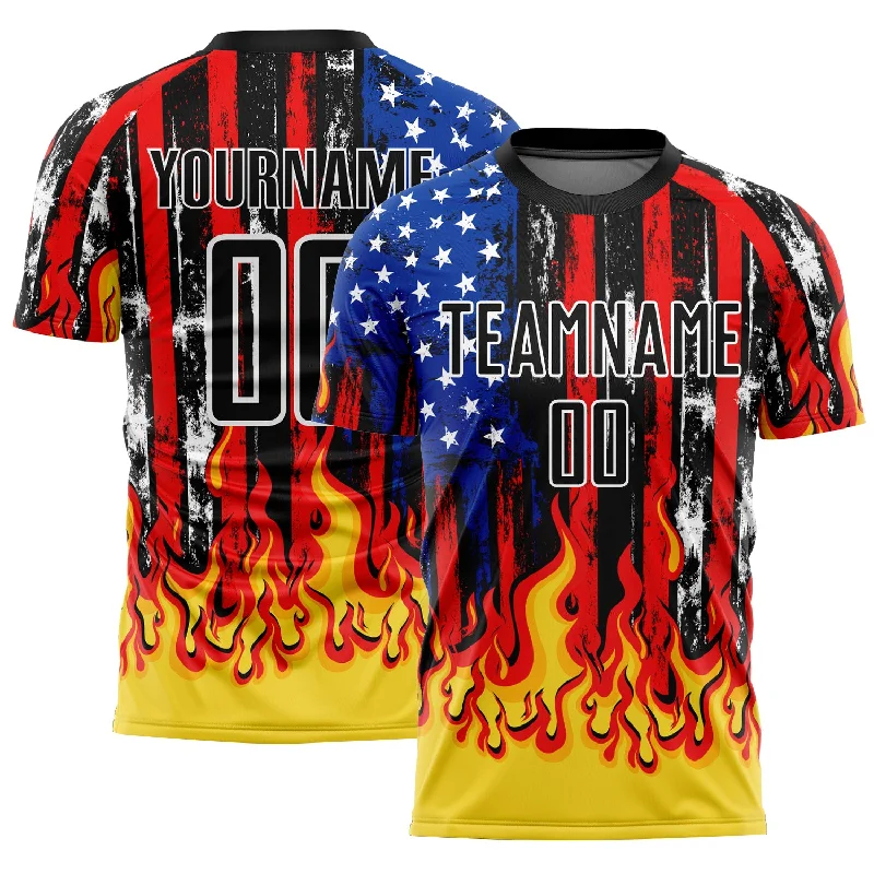 Soccer Jerseys with Stretchable Material for Maximum Comfort-Custom Black Red Royal-Gold American Flag Flame Sublimation Soccer Uniform Jersey