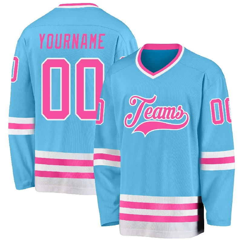 Long-Sleeve Hockey Jerseys for Extra Warmth-Custom Sky Blue Pink-White Hockey Jersey