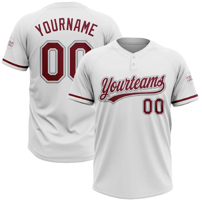 Softball Jerseys with Heat-Sealed Logos for Clean Finish-Custom White Crimson-Gray Two-Button Unisex Softball Jersey