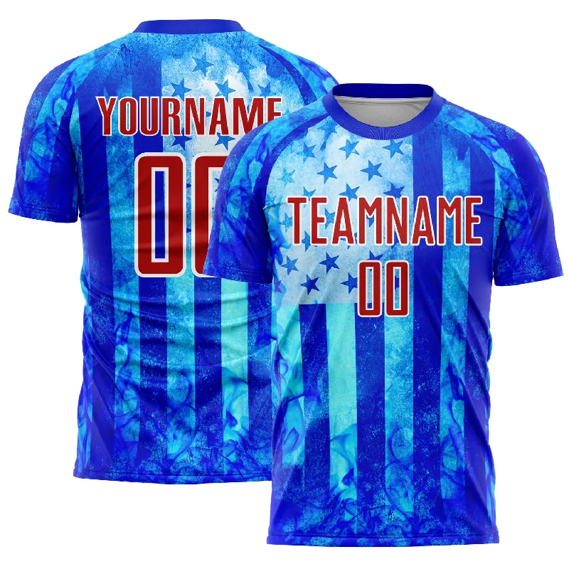 Soccer Jerseys with Tri-Blend Fabric for Soft Feel and Durability-Custom Thunder Blue Red-White American Flag Flame Sublimation Soccer Uniform Jersey