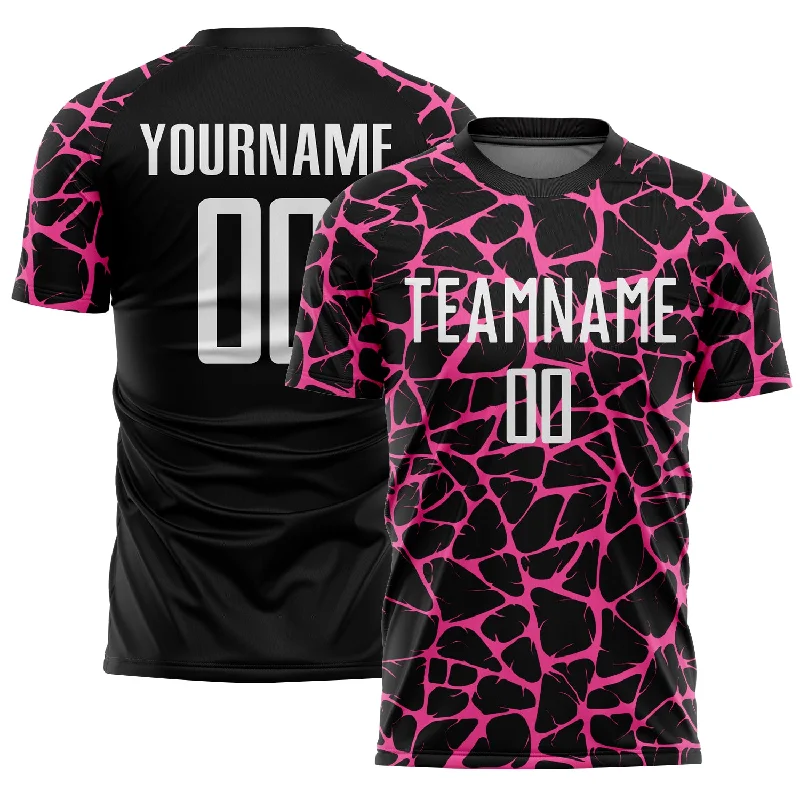 Soccer Jerseys with Side Panels for Stylish Look-Custom Black White-Pink Abstract Network Splash Sublimation Soccer Uniform Jersey