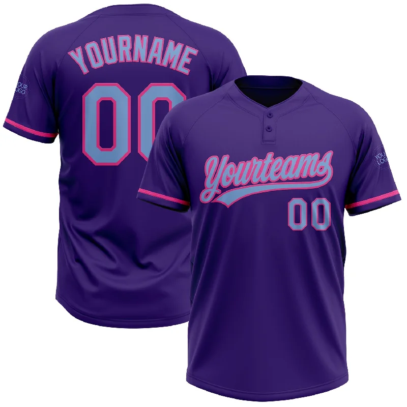 Softball Jerseys with Contrast Trim for Stylish Look-Custom Purple Light Blue-Pink Two-Button Unisex Softball Jersey