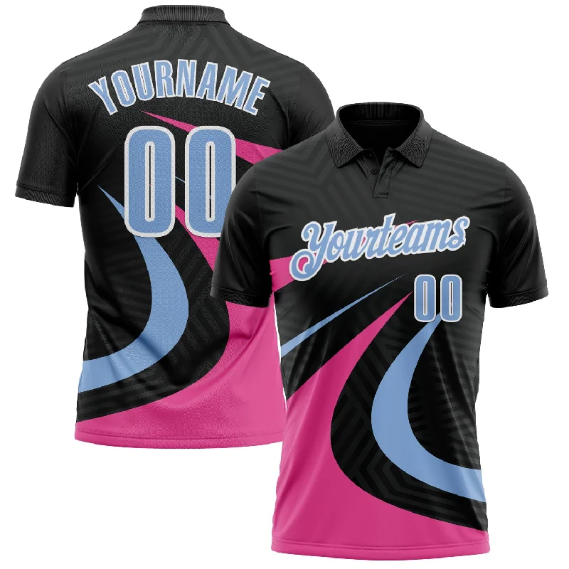 Breathable Golf Polo Shirts for Comfortable Play-Custom Black Light Blue-Pink 3D Bowling Geometric Shape Performance Polo Shirt