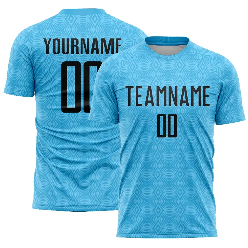 Soccer Jerseys with T-Shirt Style for Casual Look-Custom Sky Blue Black Geometric Shapes Sublimation Soccer Uniform Jersey