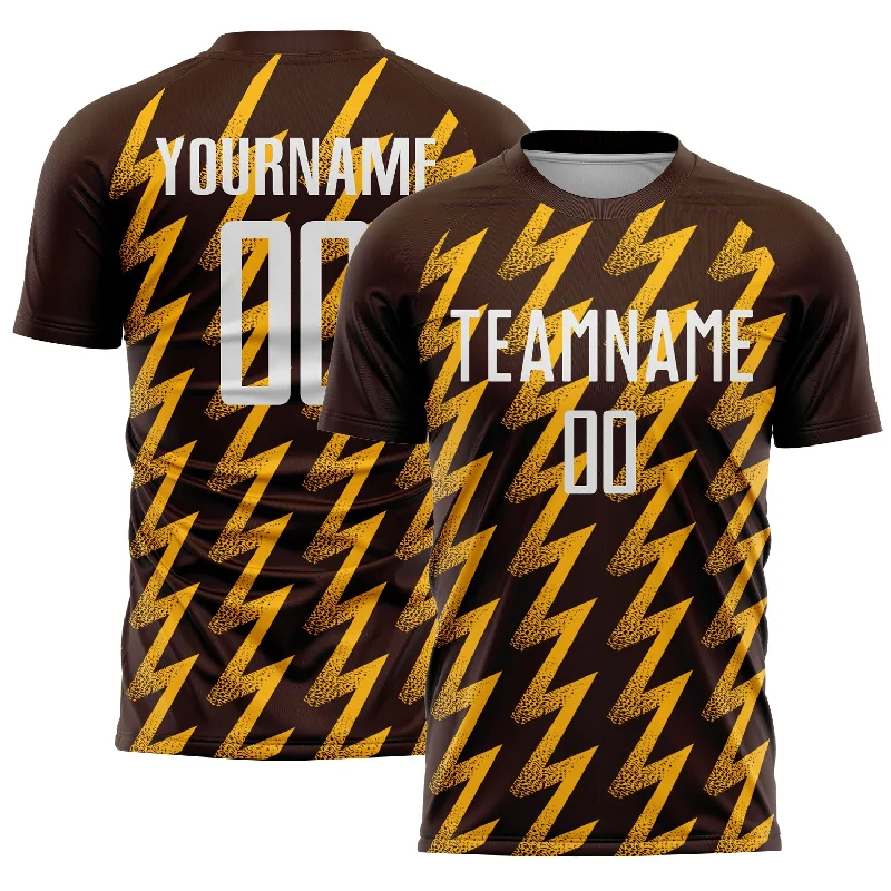 Soccer Jerseys with Ribbed Collar for Secure Fit-Custom Brown White-Gold Zigzag Shape Sublimation Soccer Uniform Jersey