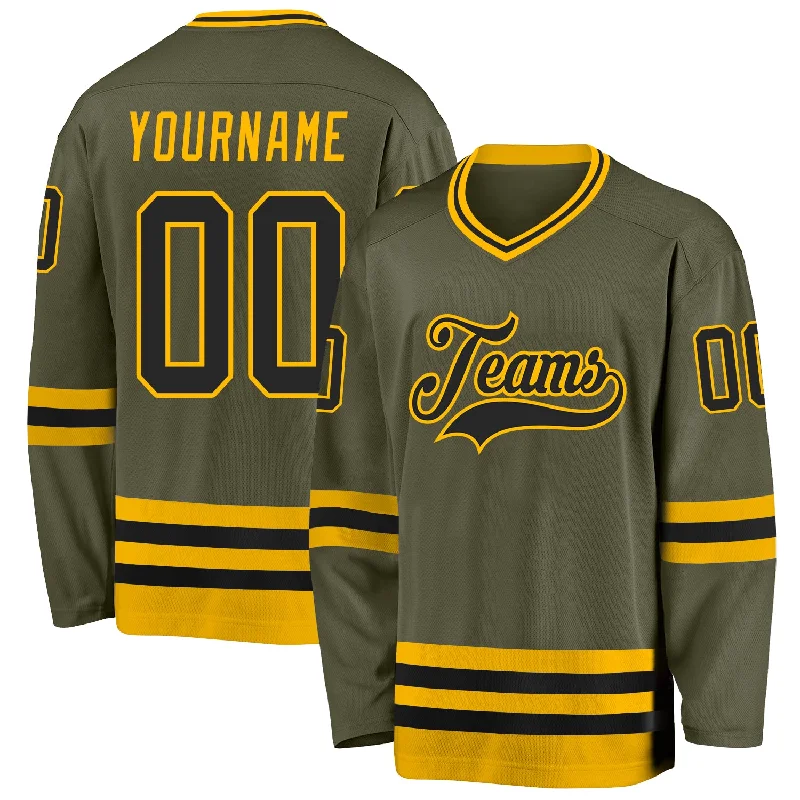 Sublimated Custom Hockey Jerseys for Bold Colors-Custom Olive Black-Gold Salute To Service Hockey Jersey