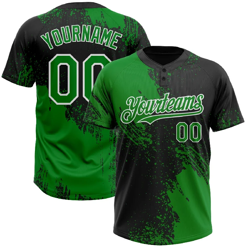 Softball Jerseys with Adjustable Fit for All Sizes-Custom Black Grass Green-White 3D Pattern Abstract Brush Stroke Two-Button Unisex Softball Jersey