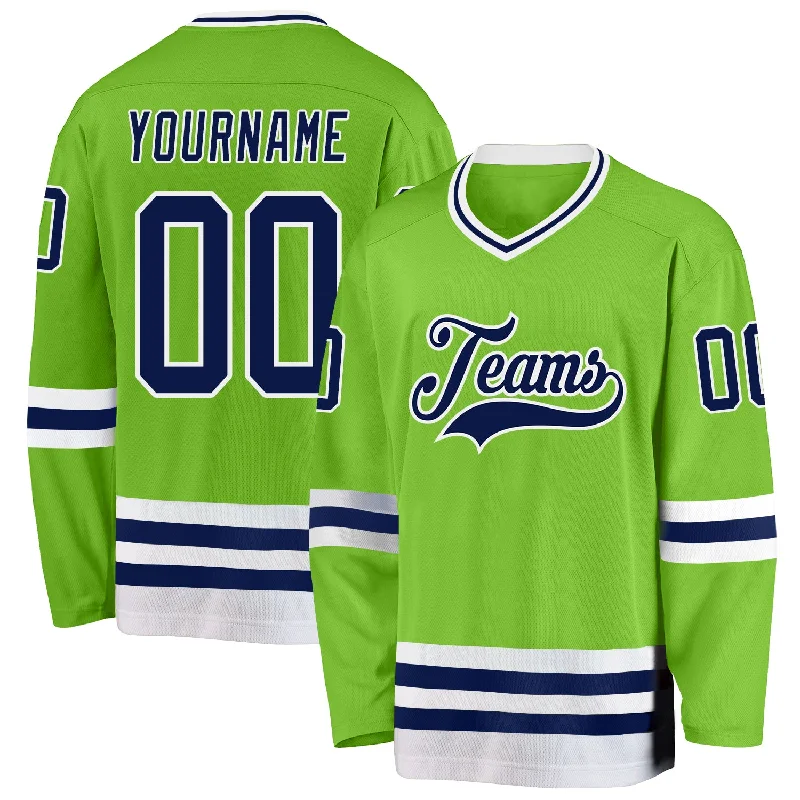 Training Hockey Jerseys for Off-Ice Workouts-Custom Neon Green Navy-White Hockey Jersey