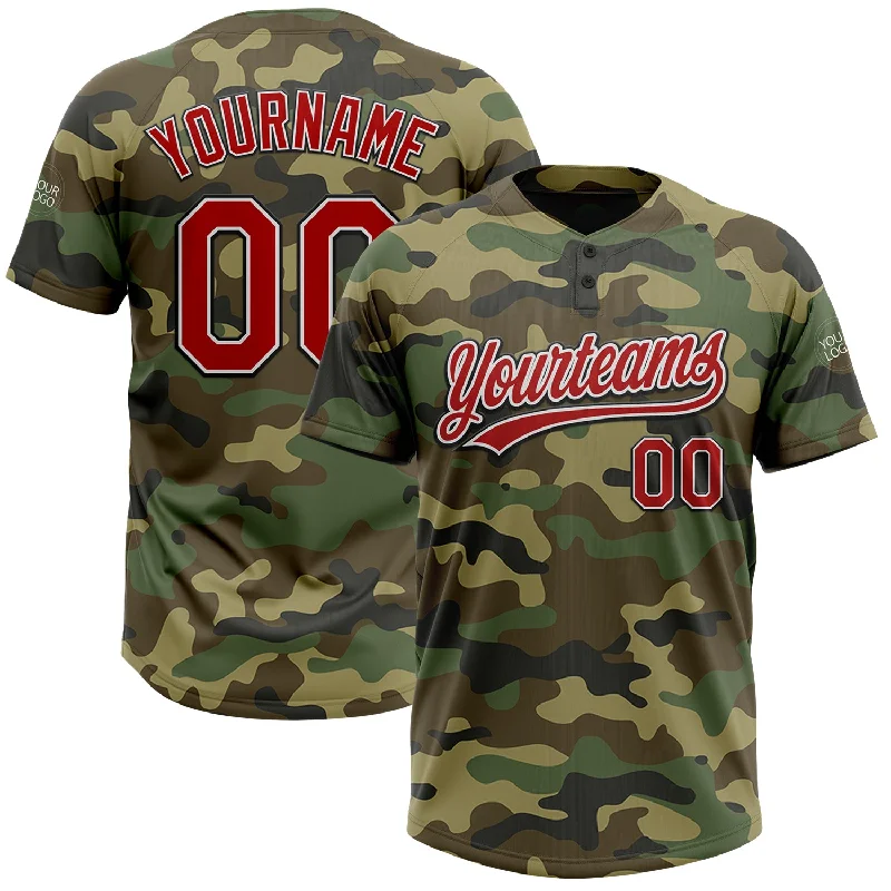 Custom Softball Jerseys with Player Number-Custom Camo Red-Black Salute To Service Two-Button Unisex Softball Jersey