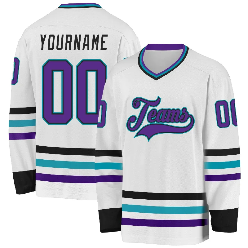 Soft Polyester Hockey Jerseys for Performance-Custom White Purple Black-Teal Hockey Jersey