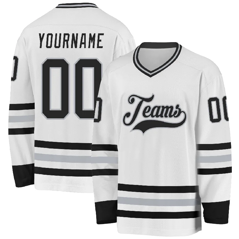 Full-Button Hockey Jerseys for Classic Look-Custom White Black-Gray Hockey Jersey