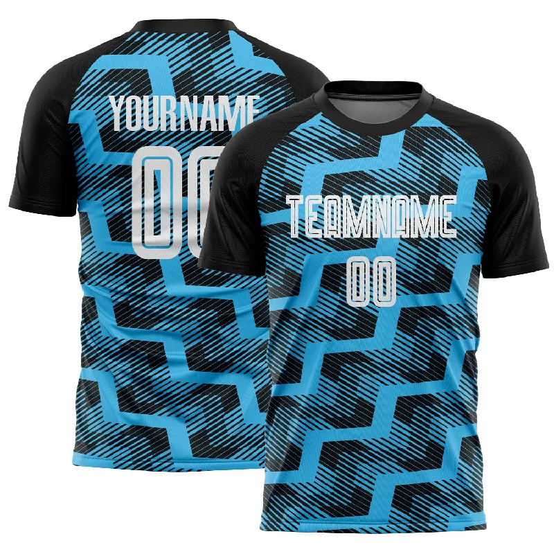 Soccer Jerseys with Soft Collar for Comfort-Custom Black White-Sky Blue Line Sublimation Soccer Uniform Jersey