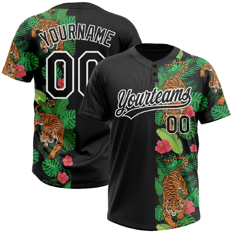 High-Performance Softball Jerseys for Serious Play-Custom Black White 3D Pattern Hawaii Tropical Tiger Two-Button Unisex Softball Jersey