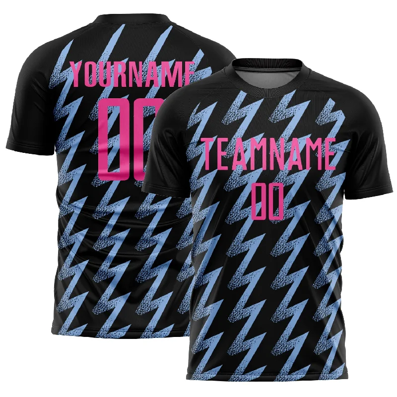 Soccer Jerseys with Stretch Fabric for Flexibility-Custom Black Pink-Light Blue Zigzag Shape Sublimation Soccer Uniform Jersey