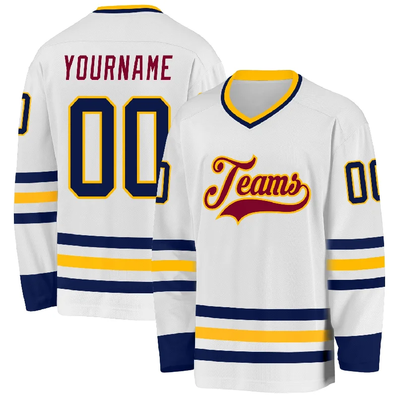 Training Hockey Jerseys for Off-Ice Workouts-Custom White Navy Gold-Maroon Hockey Jersey