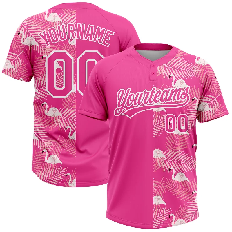 Softball Jerseys with Bright Neon Colors for Standout Look-Custom Pink White 3D Pattern Tropical Palm Leaves And Famingo Two-Button Unisex Softball Jersey