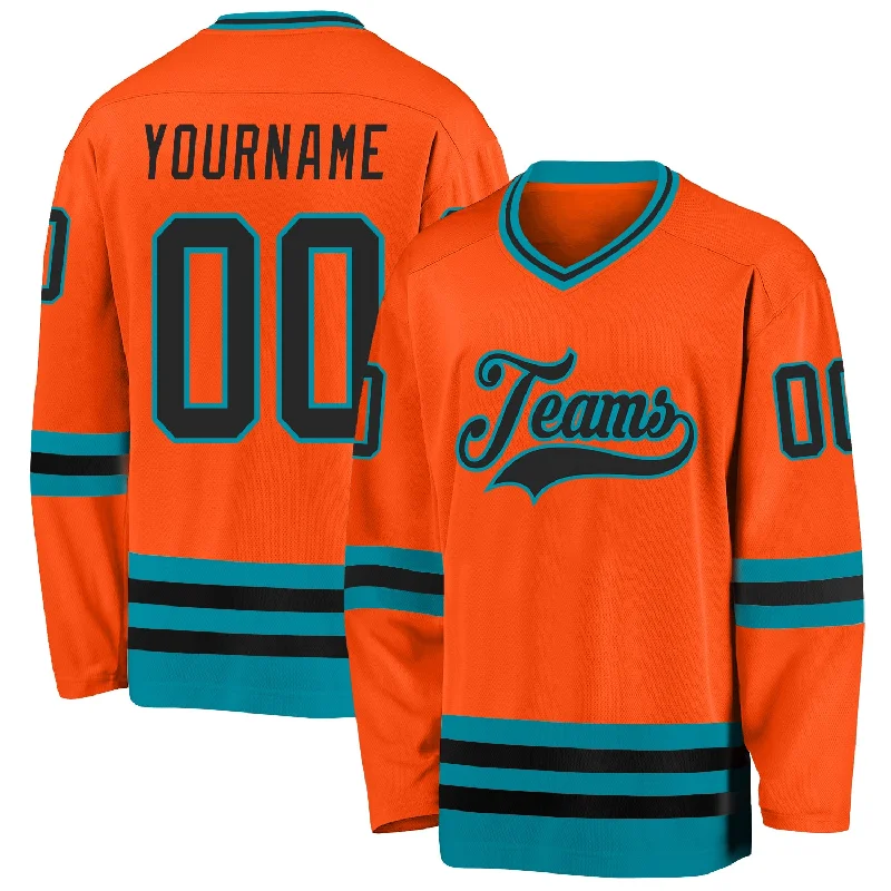 Junior Ice Hockey Jerseys with Adjustable Fits-Custom Orange Black-Teal Hockey Jersey