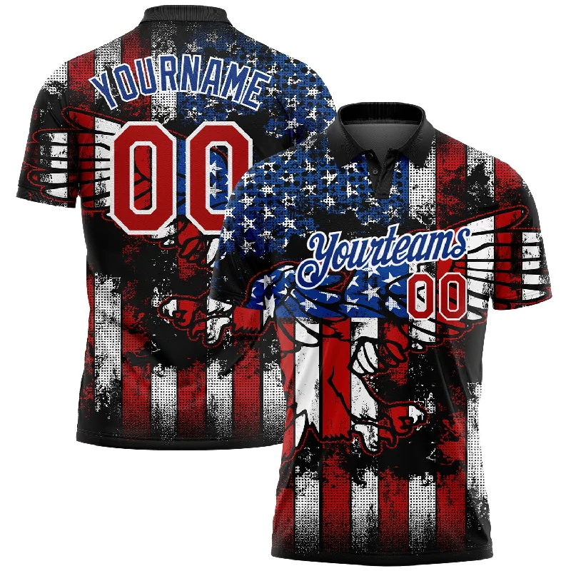 Custom Logo Golf Polo Shirts for Promotional Use-Custom Black Red-Royal 3D Eagle American Flag Performance Golf Polo Shirt